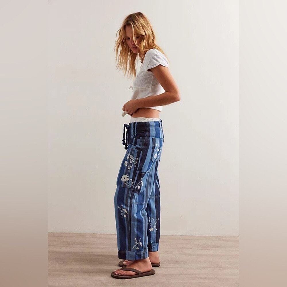 Free People We The Free Cove Crop Pull On Pants XS NWT Floral Stripe Wide Leg